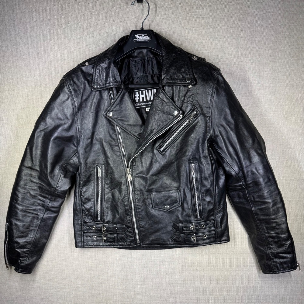 HWK Mens Genuine Leather Brando Motorcycle Biker Jacket Black Size Medium